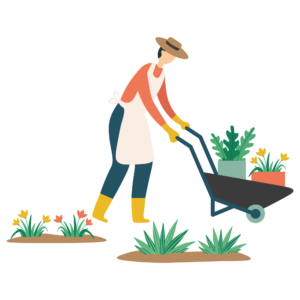 illustration jardinier tenant une brouette avec des pots de fleurs dans un jardin
