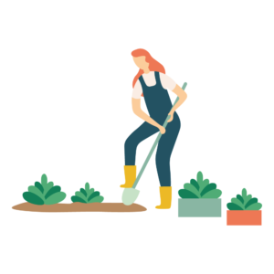 illustration femme travaillant dans un jardin potager avec une pelle