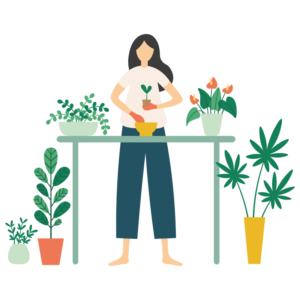illustration femme debout mettant en pot une petite plante sur une table haute avec d'autre pots de fleurs posés